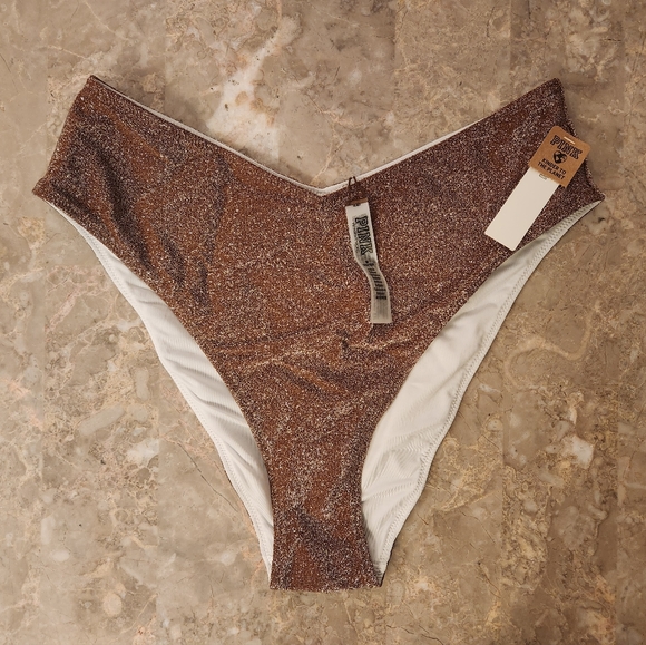 M 🖤VS PINK Swim Shimmer High Waist Cheeky Bikini Bottom Cappuccino - Picture 3 of 6